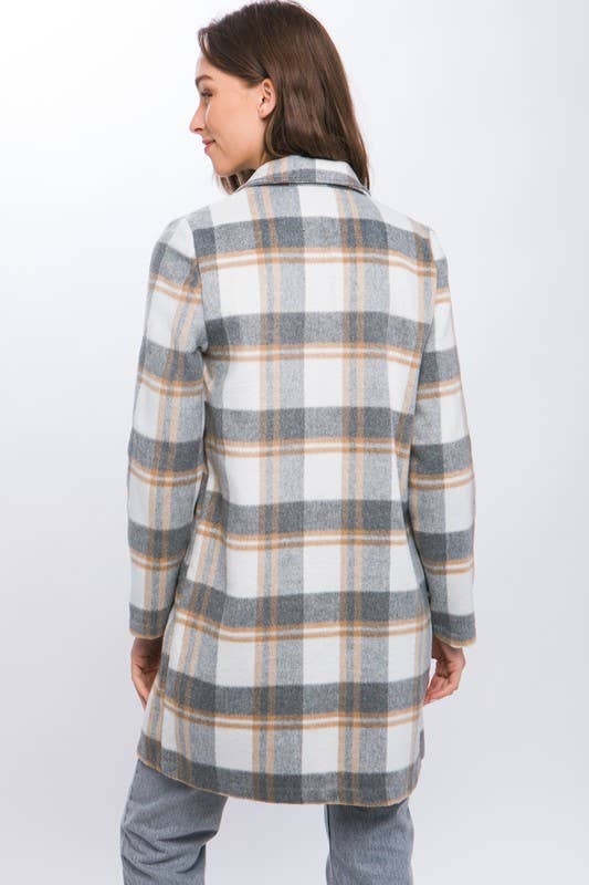 Lapel Collared Plaid Wool Blend Full Coat - Whimsical Details - coat, Long sleeve, over sized