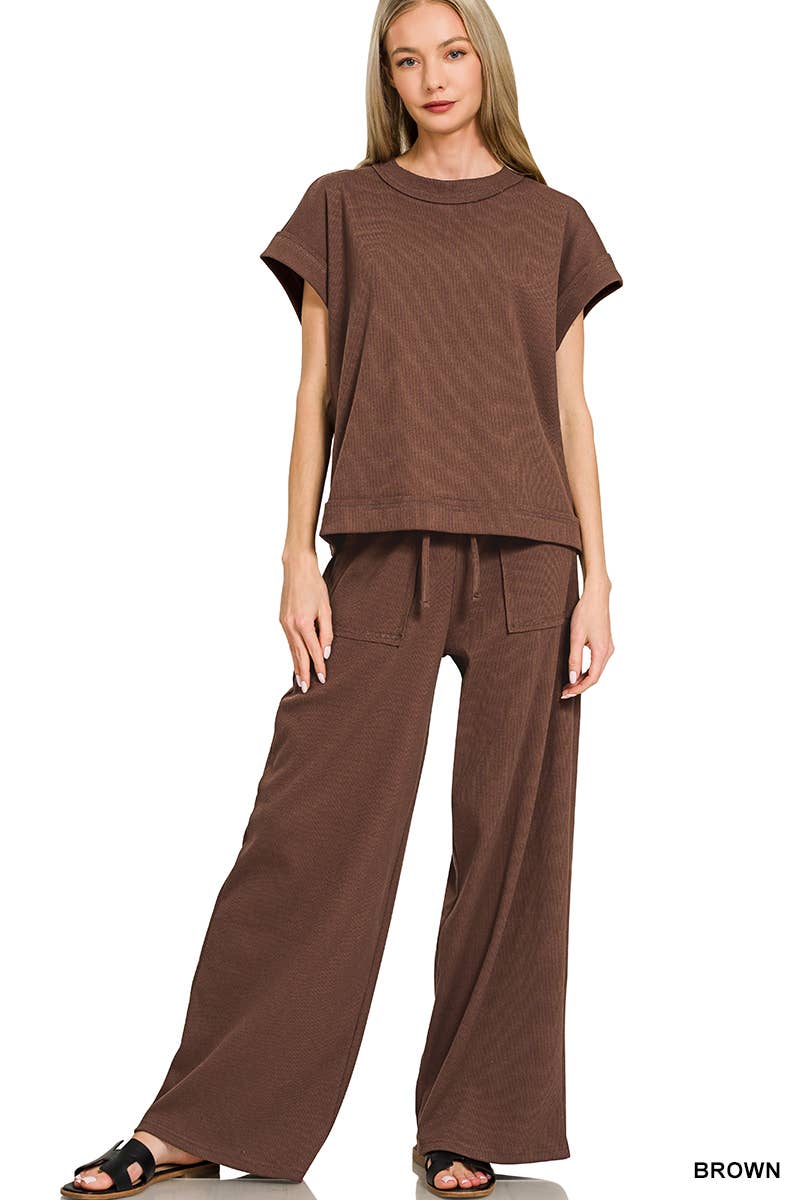 Ribbed Short Sleeve Tee N Pants - Whimsical Details - ["ash Mocha","lounge","lounge wear","set","sweat set","trendy"]