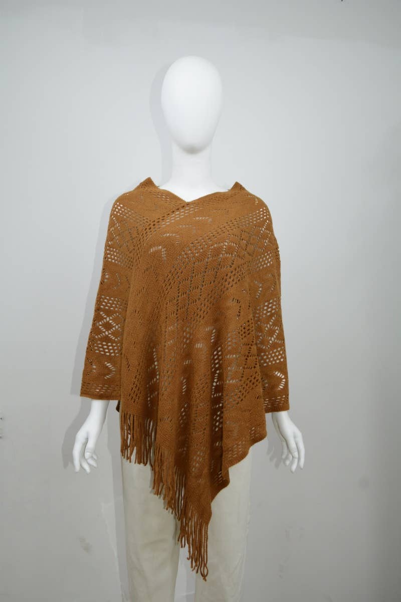 Hollow Knit Triangle Tassel Poncho Shawl