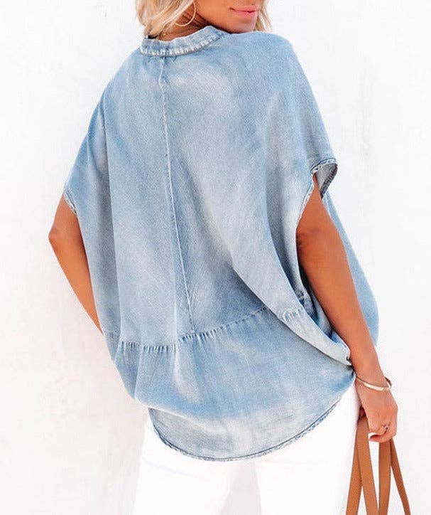 Denim Oversize V-Neck Dolman Top - Whimsical Details