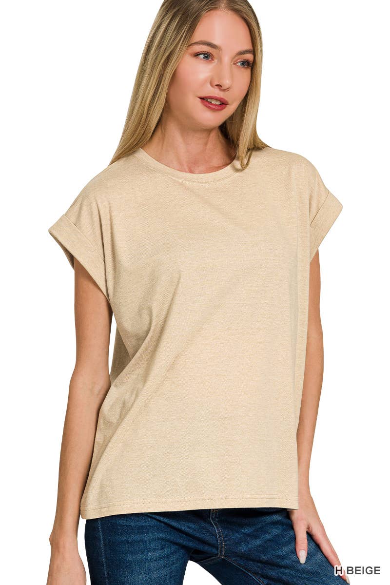 Round Neck Folded Short Sleeve T-shirt - Whimsical Details - ["Basic","cream shirt","shirt","t shirt","tshirt"]