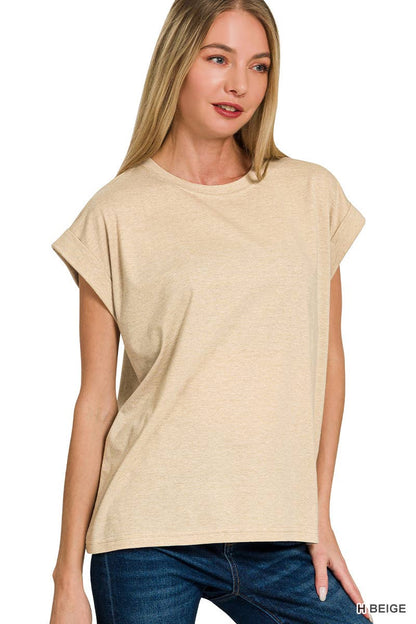 Round Neck Folded Short Sleeve T-shirt - Whimsical Details - ["Basic","cream shirt","shirt","t shirt","tshirt"]