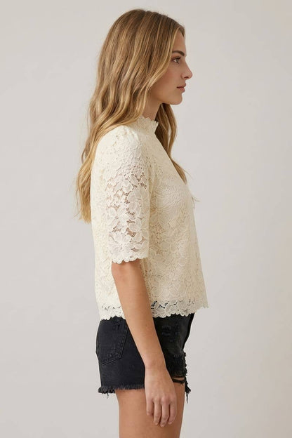 Lace Mock Neck Scallop Detail Top
