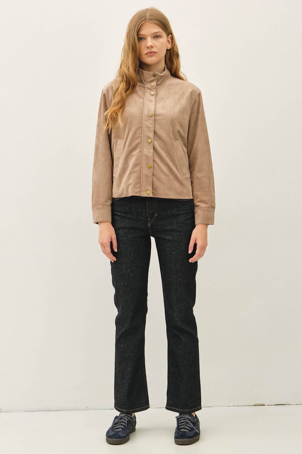 Suede Feel High Neck Collared Bomber