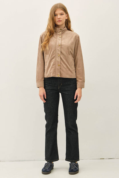 Suede Feel High Neck Collared Bomber