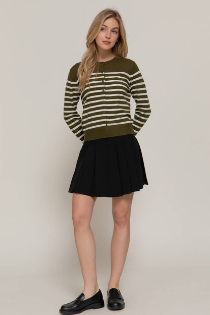 Long Sleeve Crew Neck Stripe Sweater Cardigan