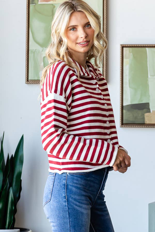 Mock Neck Stripe Sweater - Whimsical Details - ["button up","cardigan","snap cardigan","Spring","sweater"]