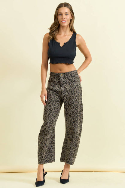 BARREL LEG LEOPARD PRINT JEANS