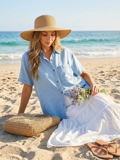Collared Short Sleeve 100%Tencel Chambray Shirt