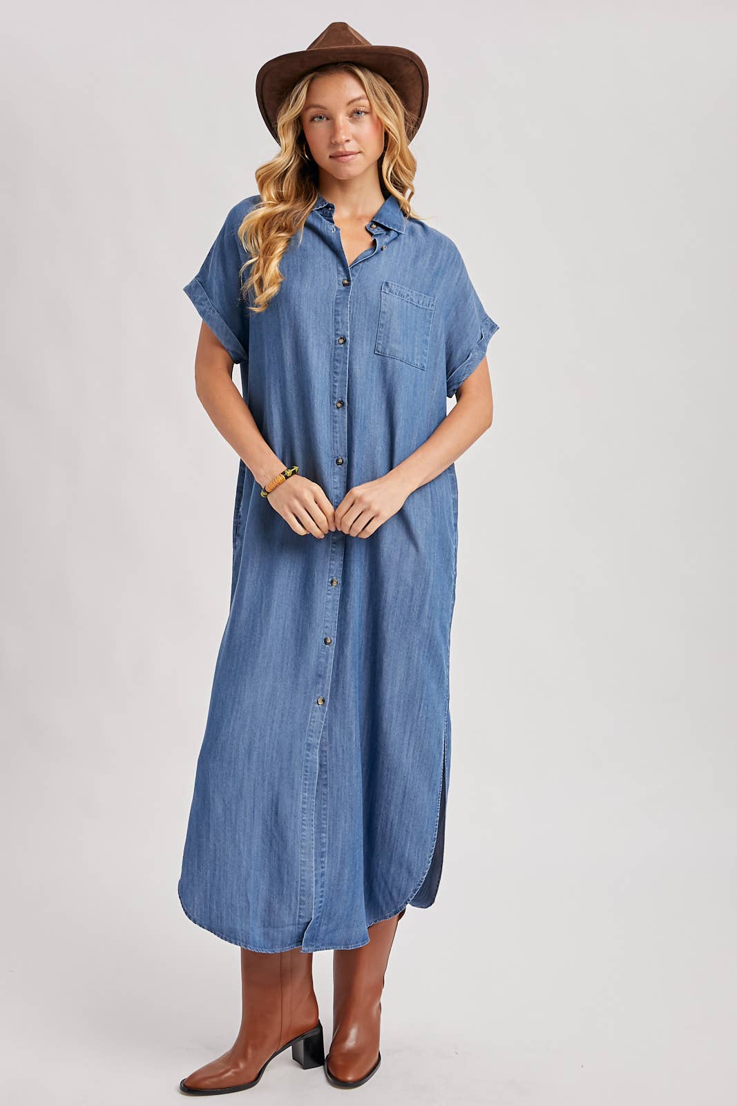 Denim Button Down Side Slit Shirt Maxi Dress