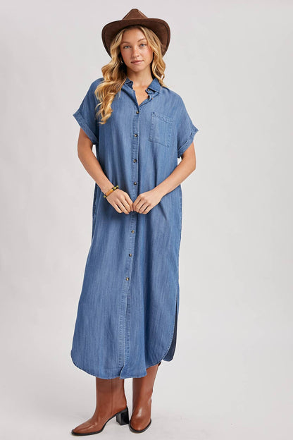 Denim Button Down Side Slit Shirt Maxi Dress