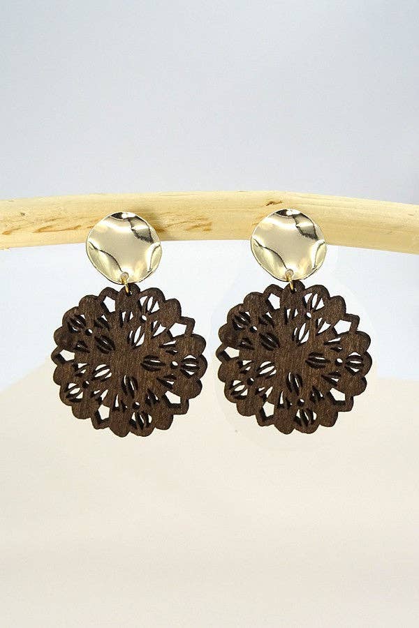 Danica Round Laser Cutout Wood Earrings