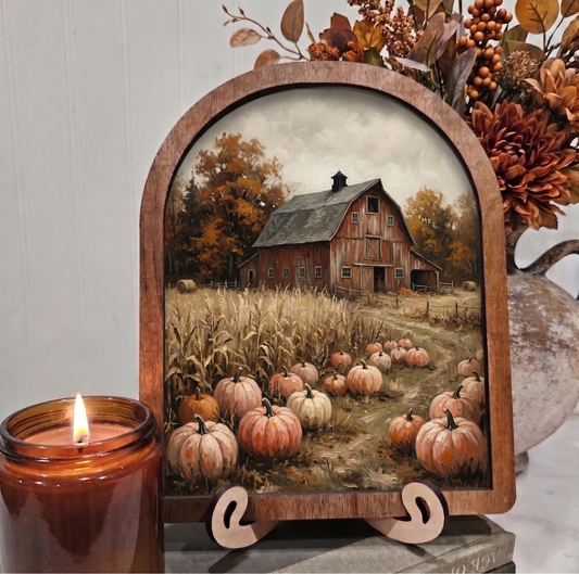 Arch Fall Red Barn and Pumpkins Corn Framed Art