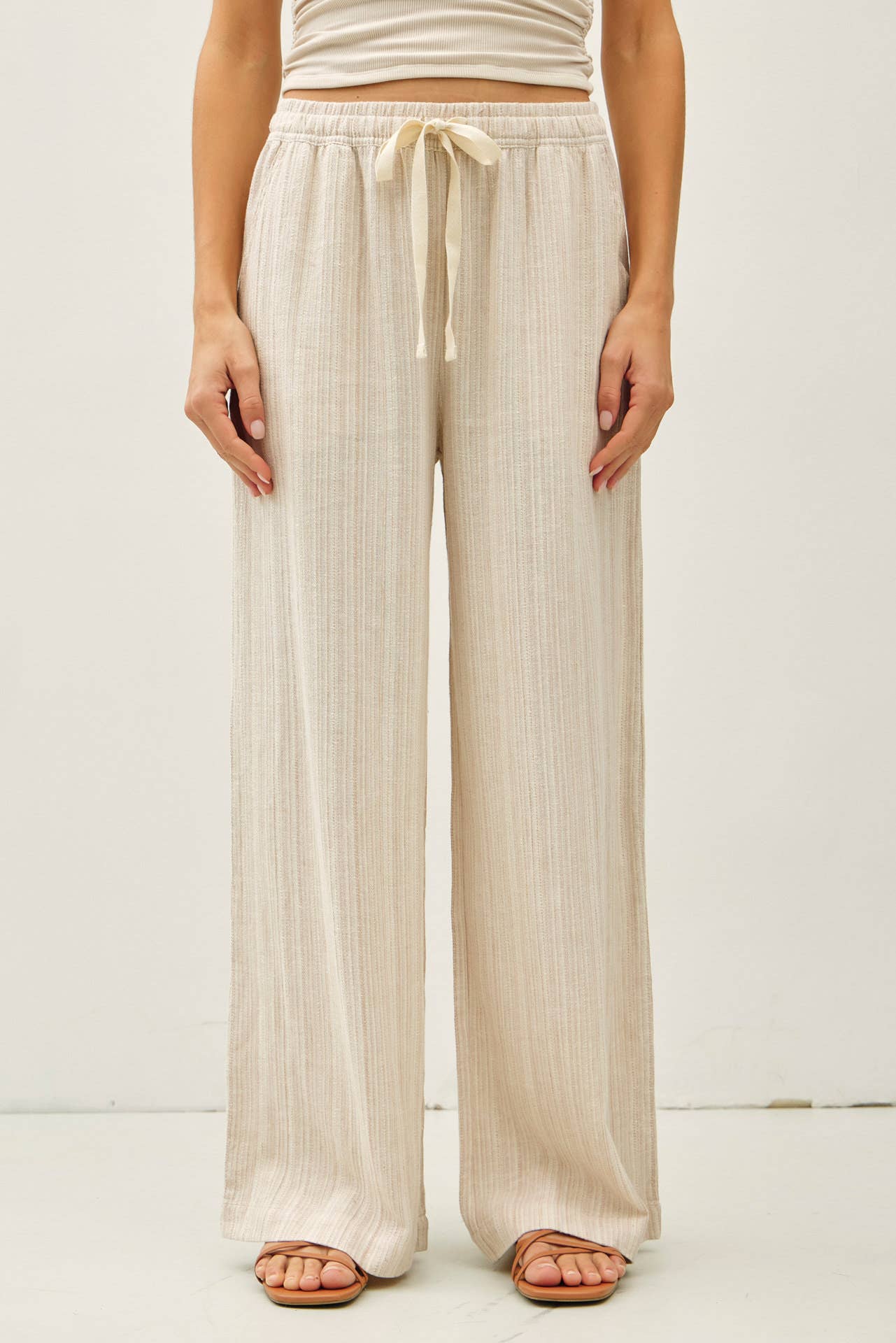 29" INSEAM STRIPED LINEN WIDE LEG PANTS - Whimsical Details - ["flouncy pants","green pants","linen pants","pants","stripe","striped","stripes","sweat pants"]