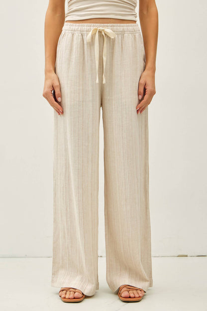 29" INSEAM STRIPED LINEN WIDE LEG PANTS - Whimsical Details - ["flouncy pants","green pants","linen pants","pants","stripe","striped","stripes","sweat pants"]