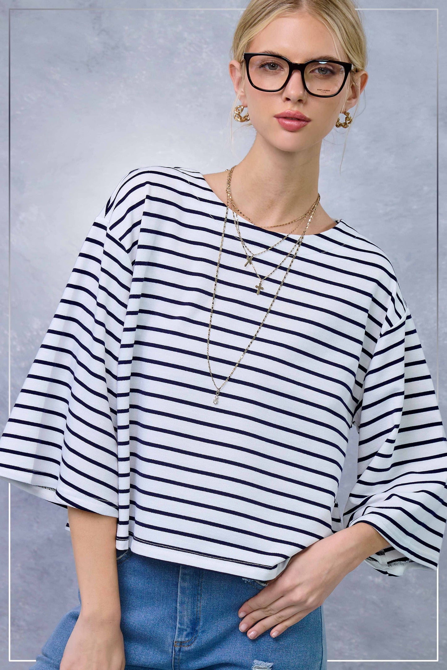 Striped Semi Crop Top with 3/4 Bell Sleeves