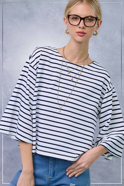 Striped Semi Crop Top with 3/4 Bell Sleeves