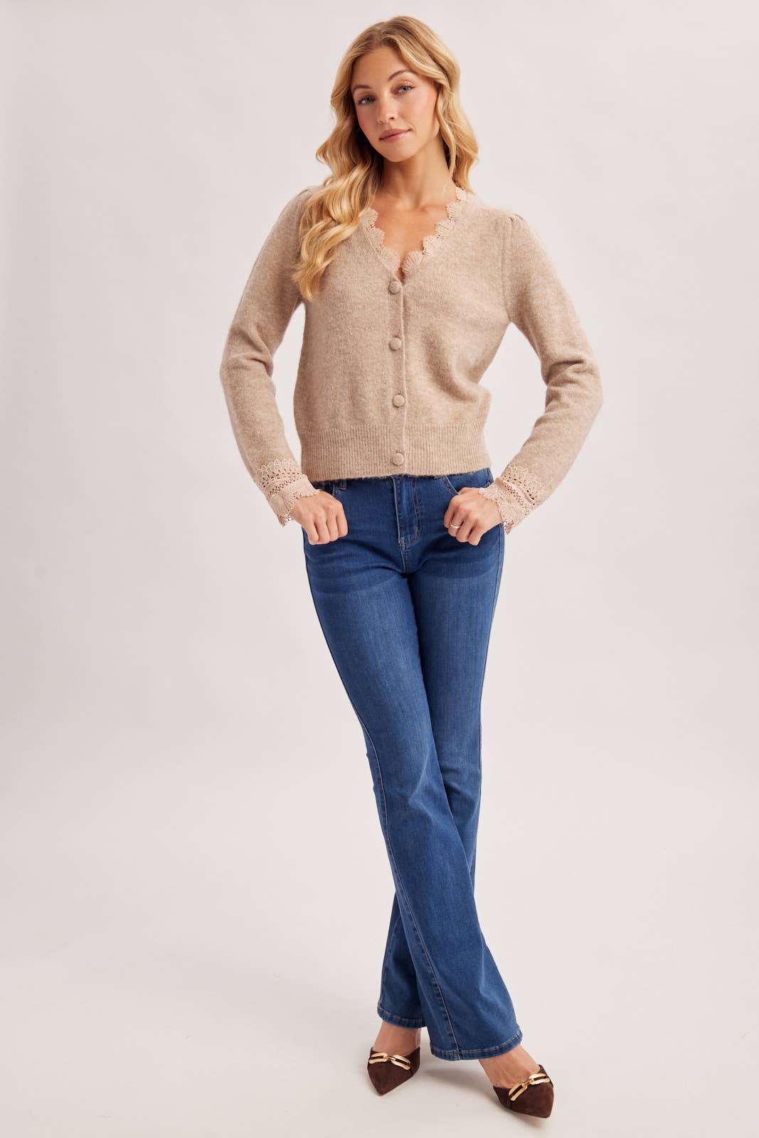 Eyelash Lace Trim V-Neck Knit Puff Sleeve Cardigan