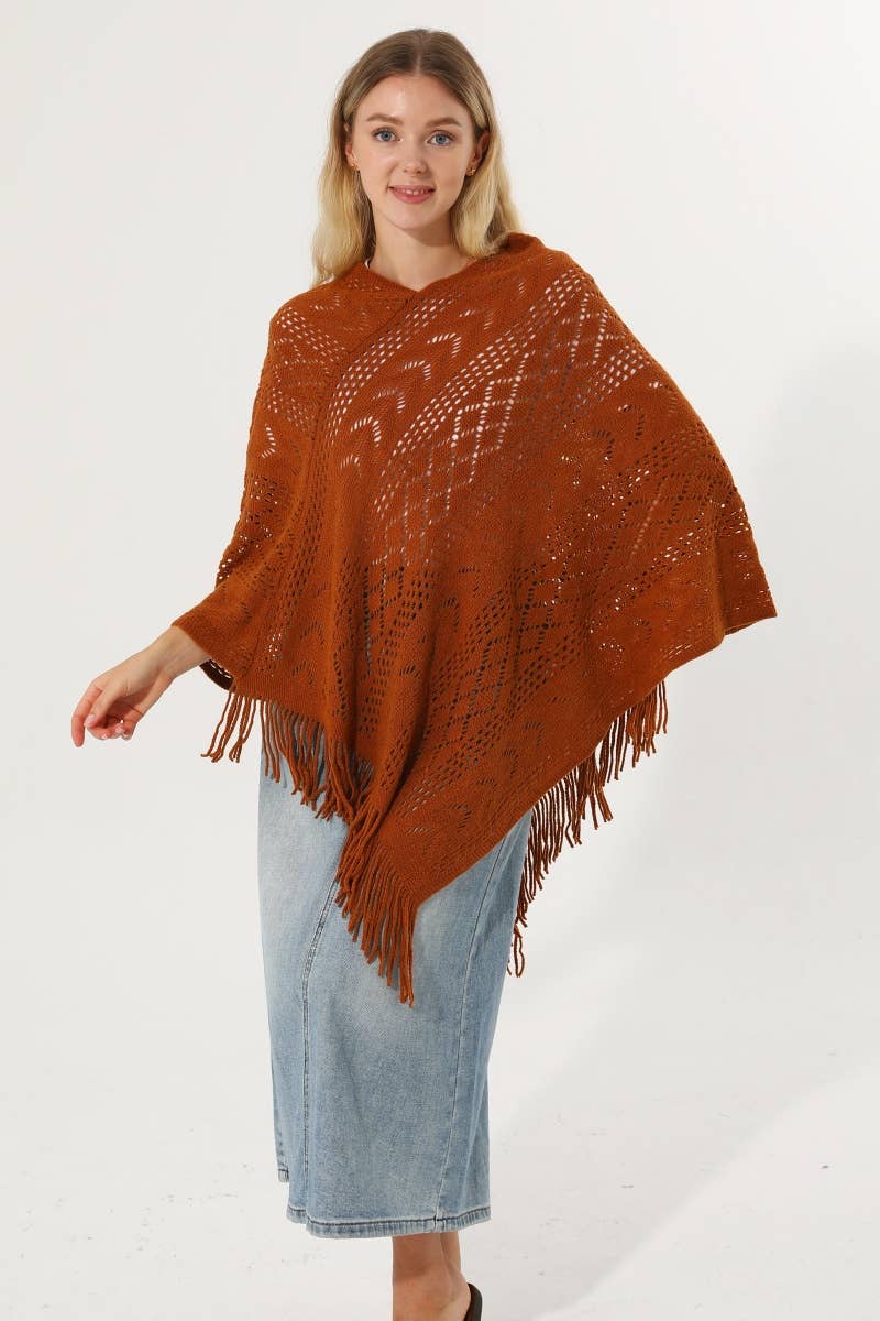 Hollow Knit Triangle Tassel Poncho Shawl