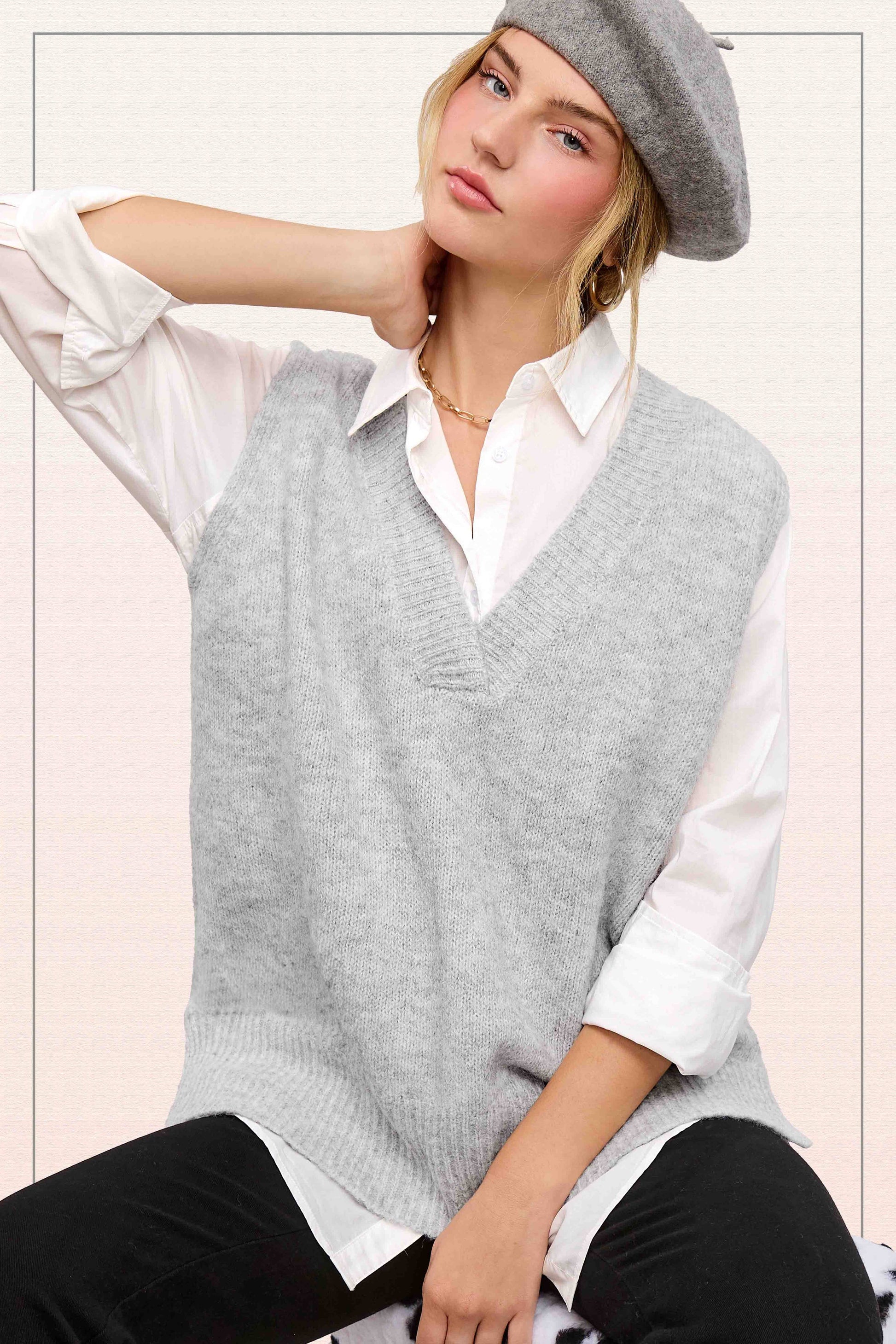 Oversized Soft Knit Sweater Vest with Side Slit - Whimsical Details - ["black sweater","sweater","Sweater Vest","v neck","vest"]