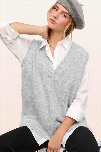 Oversized Soft Knit Sweater Vest with Side Slit - Whimsical Details - ["black sweater","sweater","Sweater Vest","v neck","vest"]
