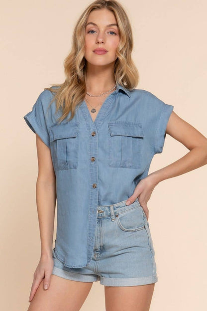 Dolman Short Sleeve Tencel Shirt - Whimsical Details - ["denim shirt","Jean shirt","shirt","t shirt","tshirt"]