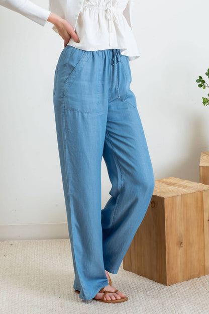 CHAMBRAY HIGH WAIST DRAWSTRING PANTS - Whimsical Details - 