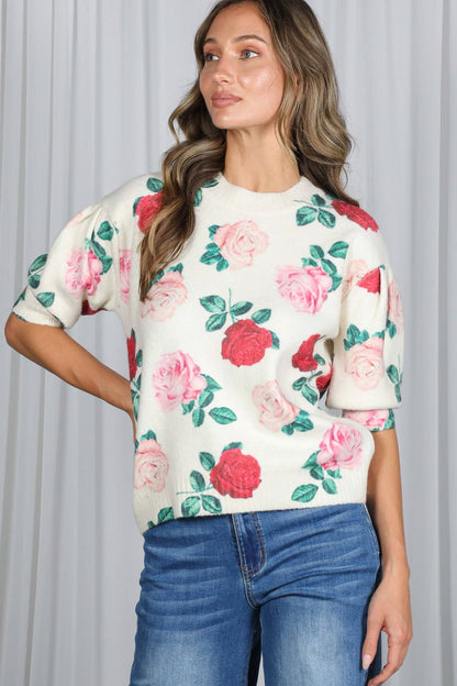 English Roses Crew Neck Cozy Soft Knit Sweater