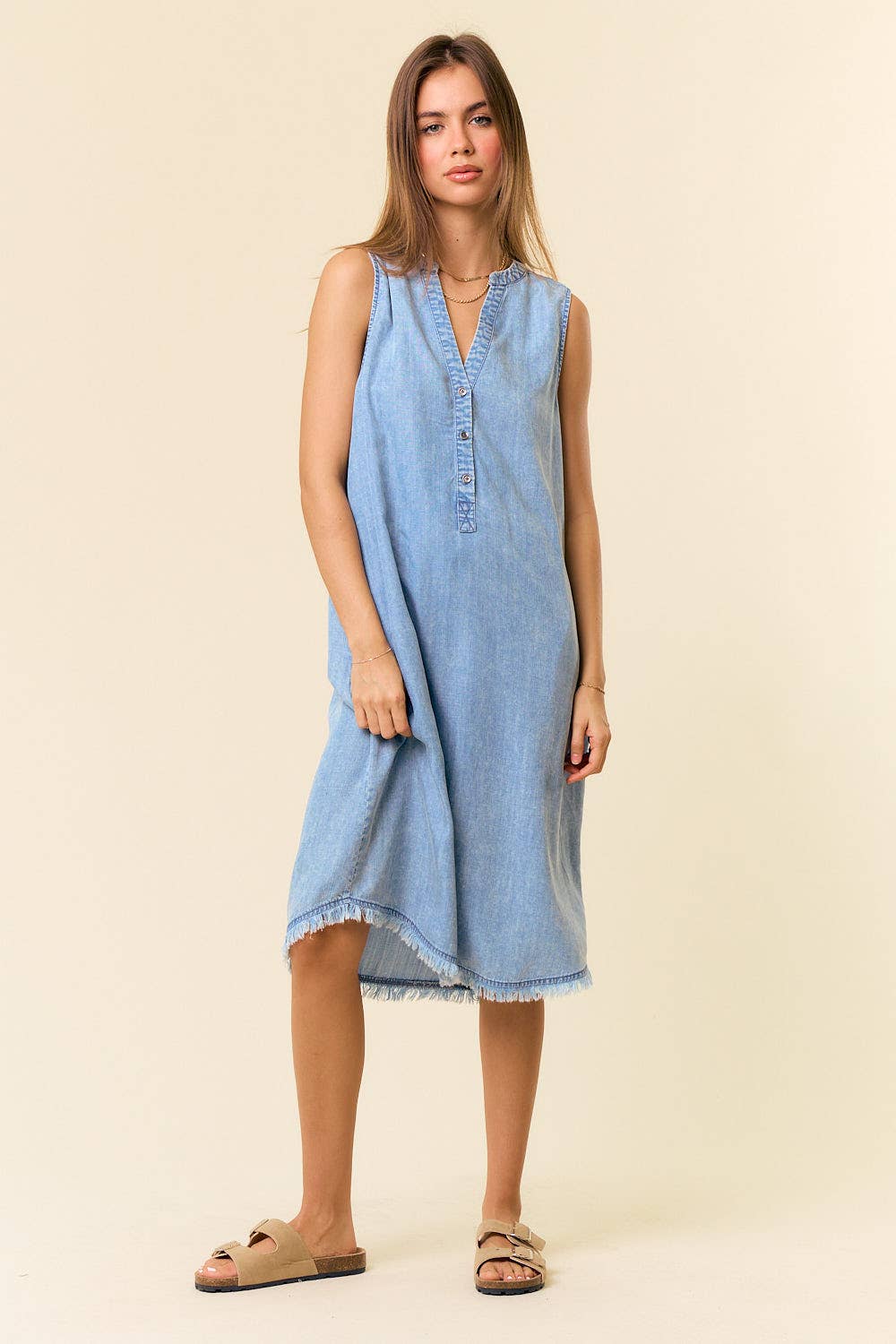 Tencel Denim Knee Length Sleeveless Henley Dress - Whimsical Details - ["denim dress","light blue","tencel"]