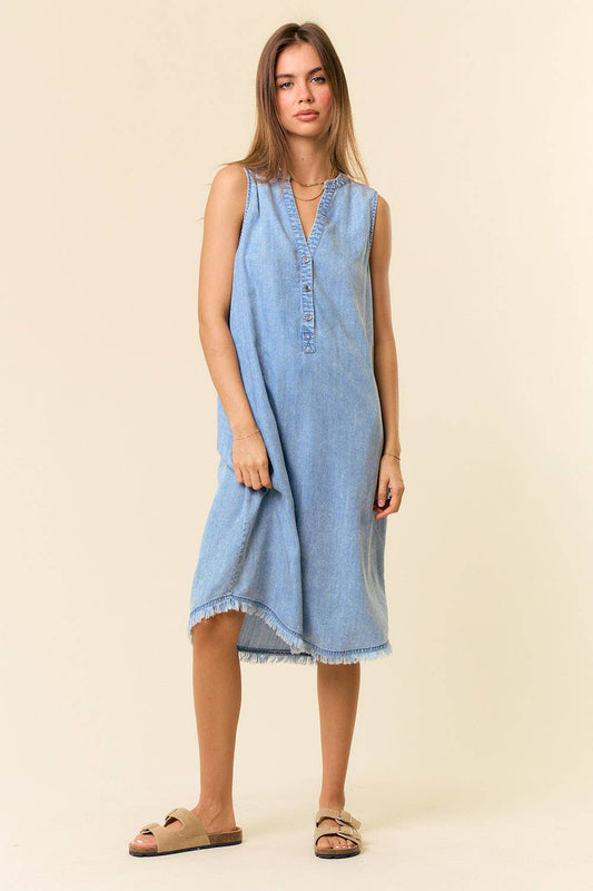 Tencel Denim Knee Length Sleeveless Henley Dress - Whimsical Details - ["denim dress","light blue","tencel"]