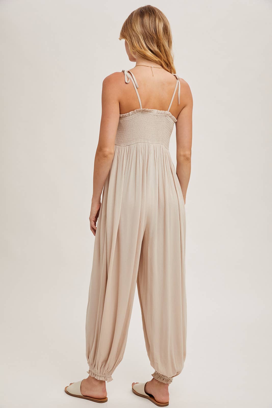 Gauze Smocked Button Front Shoulder Tie Jumpsuit - Whimsical Details - jumper, jumpsuit, transition