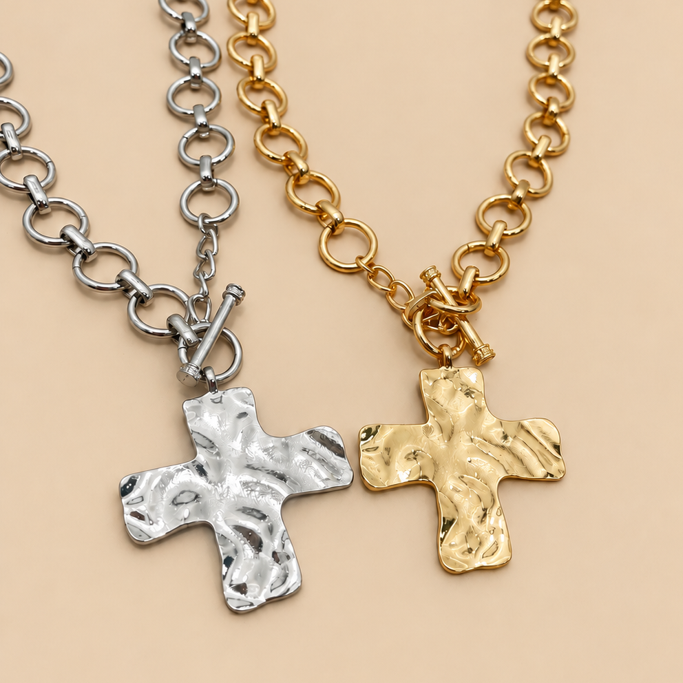 Kara Hammered Cross Front Toggle Necklace