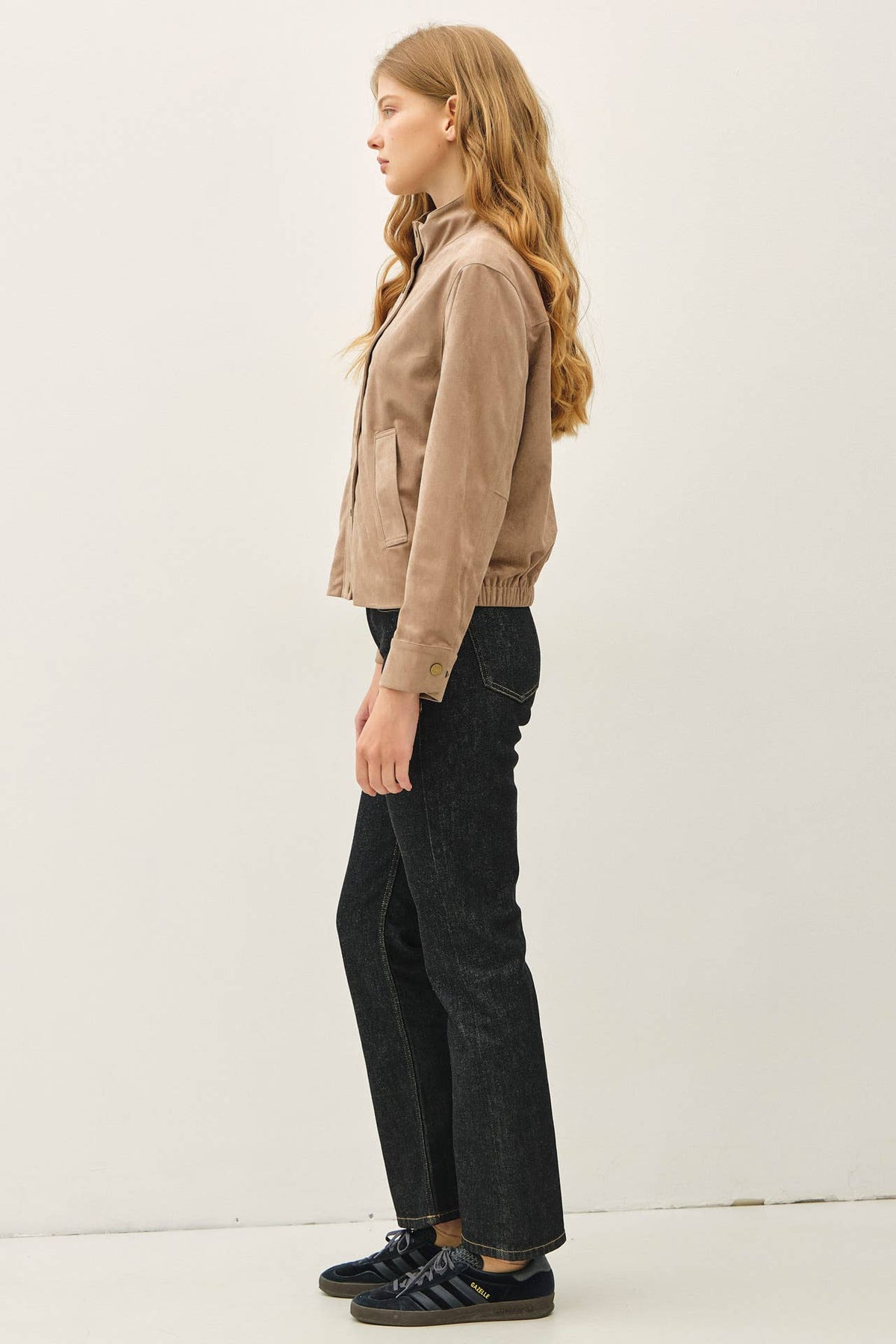 Suede Feel High Neck Collared Bomber