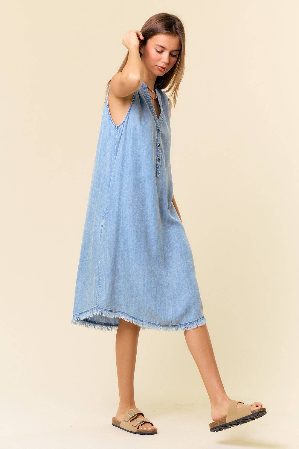 Tencel Denim Knee Length Sleeveless Henley Dress - Whimsical Details - ["denim dress","light blue","tencel"]