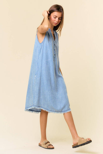 Tencel Denim Knee Length Sleeveless Henley Dress - Whimsical Details - ["denim dress","light blue","tencel"]