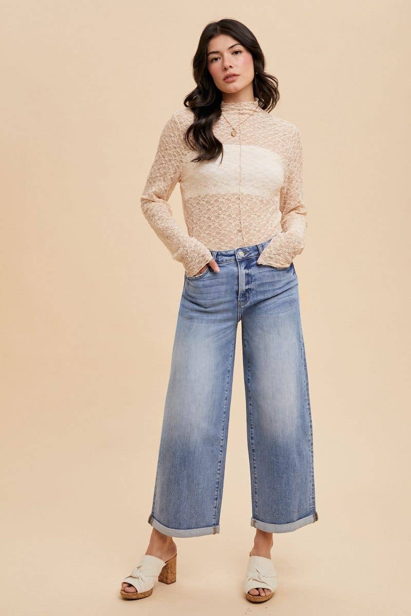Stretch High Rise Wide Leg Roll-up Jean