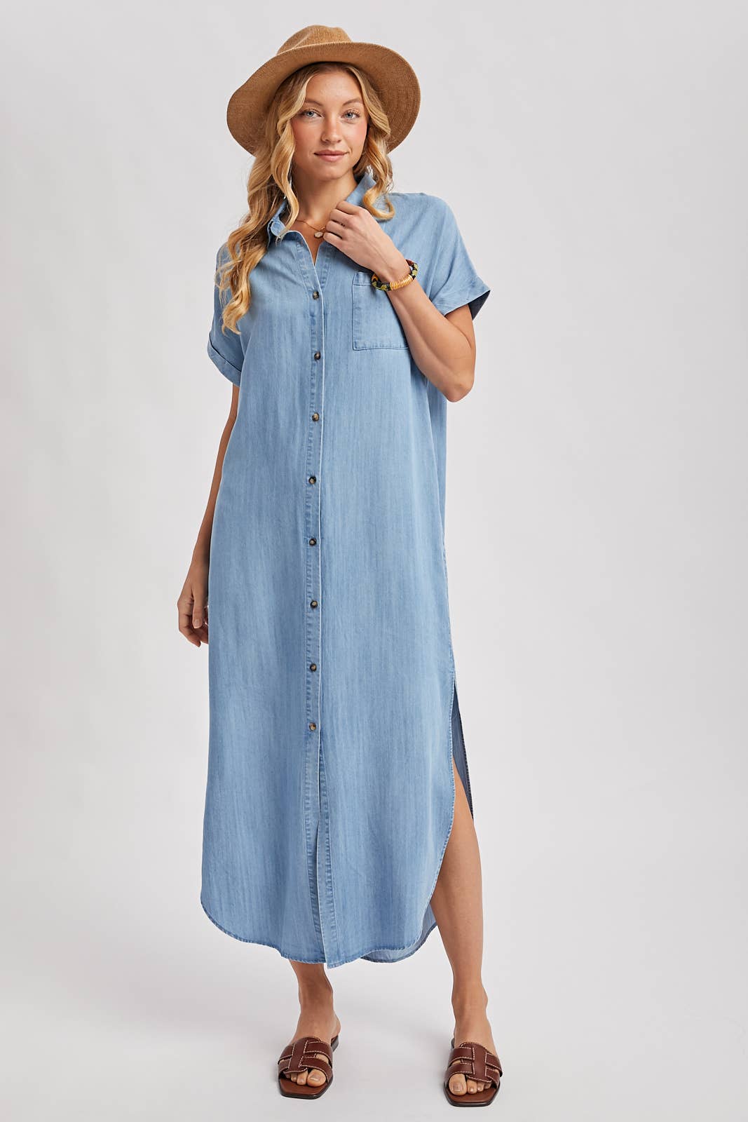 Denim Button Down Side Slit Shirt Maxi Dress