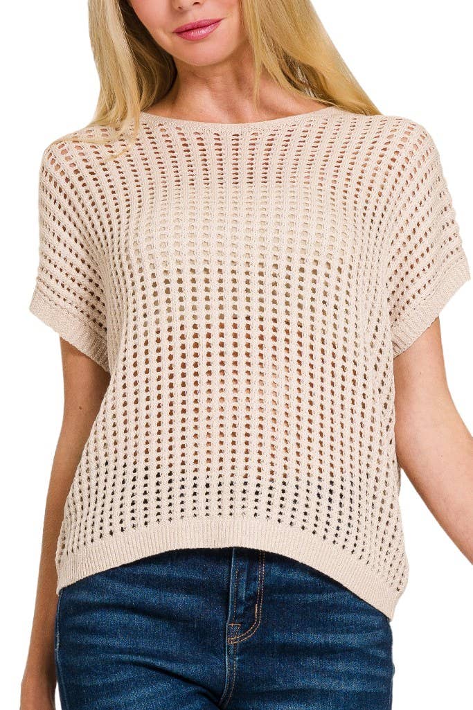 Viscose Crochet Knit Sheer Hollow Sweater - Whimsical Details - ["Brown sweater","cream sweater","crochet","knit","knit sweater","knitted","Light Sweater","short sleeve sweater","sweater","Sweater Vest"]