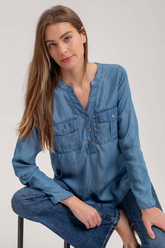 Chambray V-Neck Half Button Long Sleeve Top