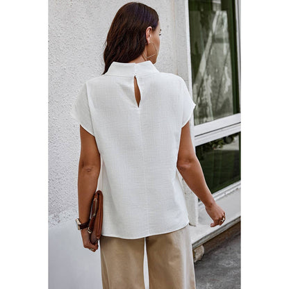 Mock Neck Solid Short Sleeve Blouse