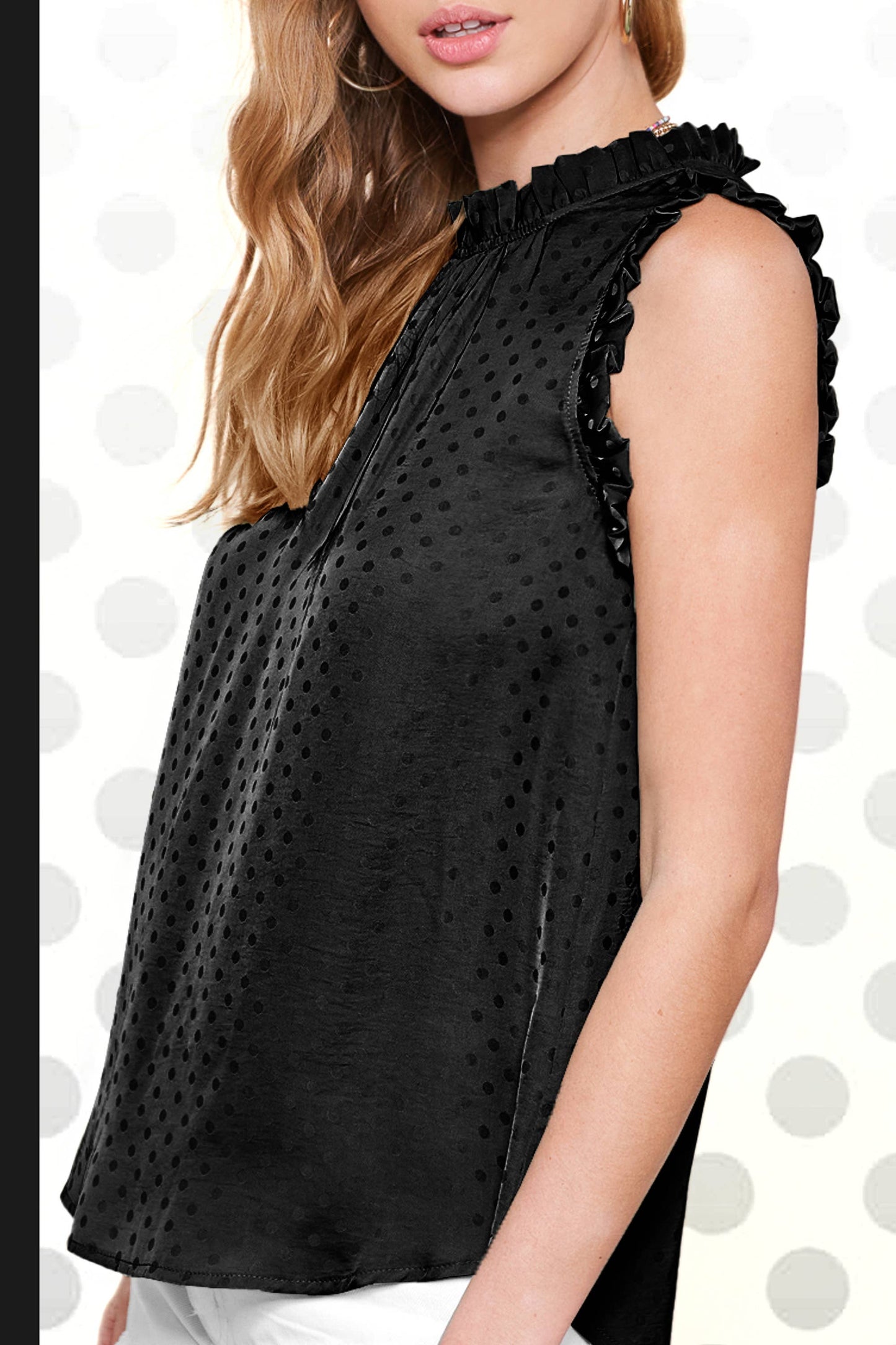 Polka Dot Printed Ruffle Sleeveless Top