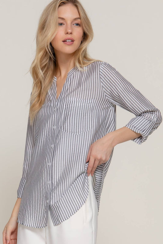 Long Sleeve Split Round Neck Button Down Stripe Woven Shirt