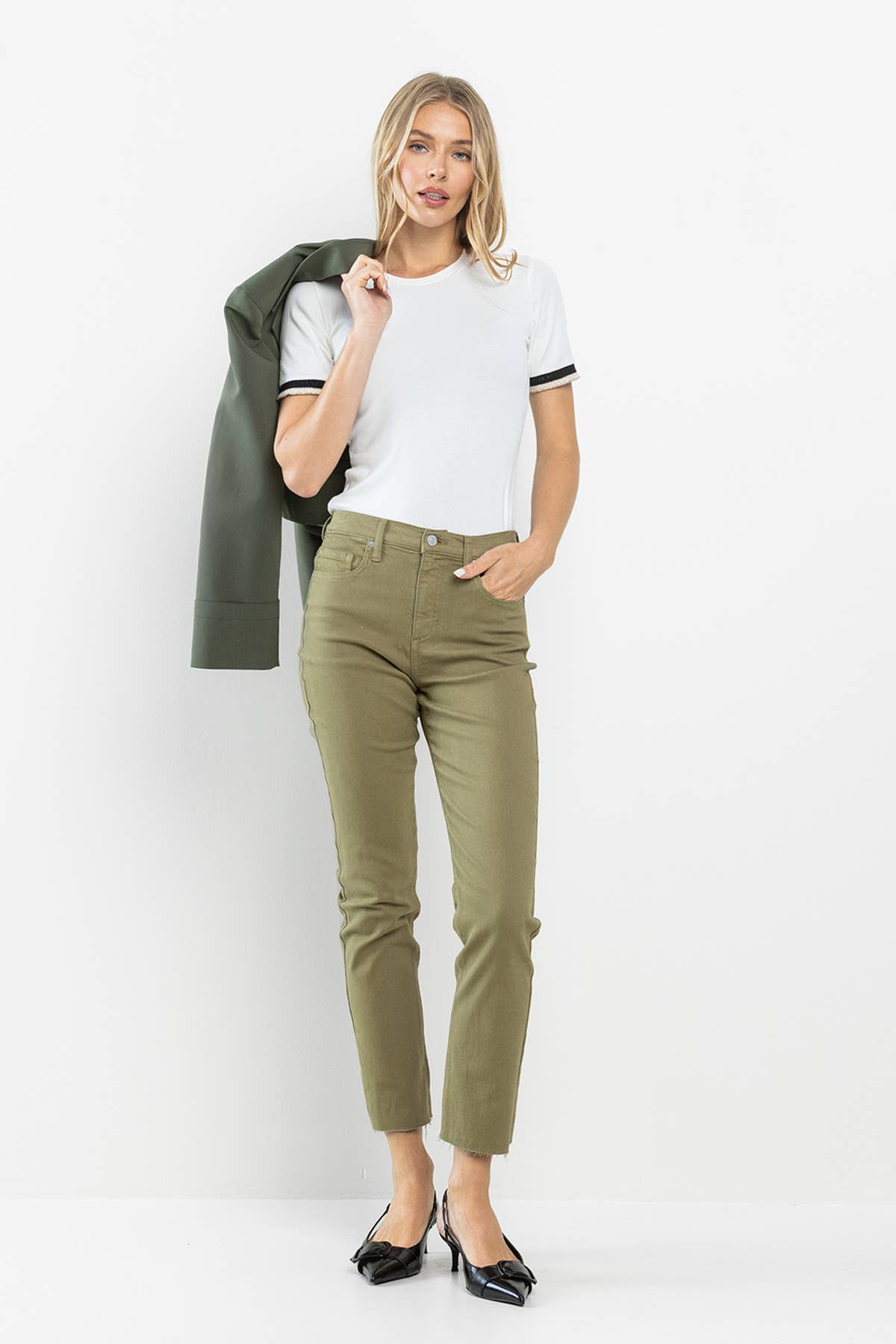 High Rise Slim Straight Green Pants