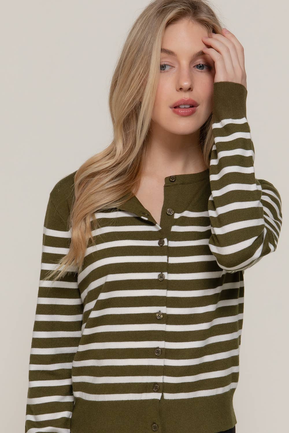 Long Sleeve Crew Neck Stripe Sweater Cardigan