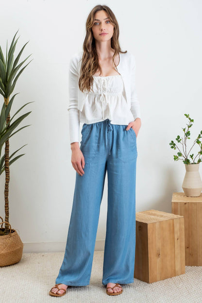 CHAMBRAY HIGH WAIST DRAWSTRING PANTS - Whimsical Details - 