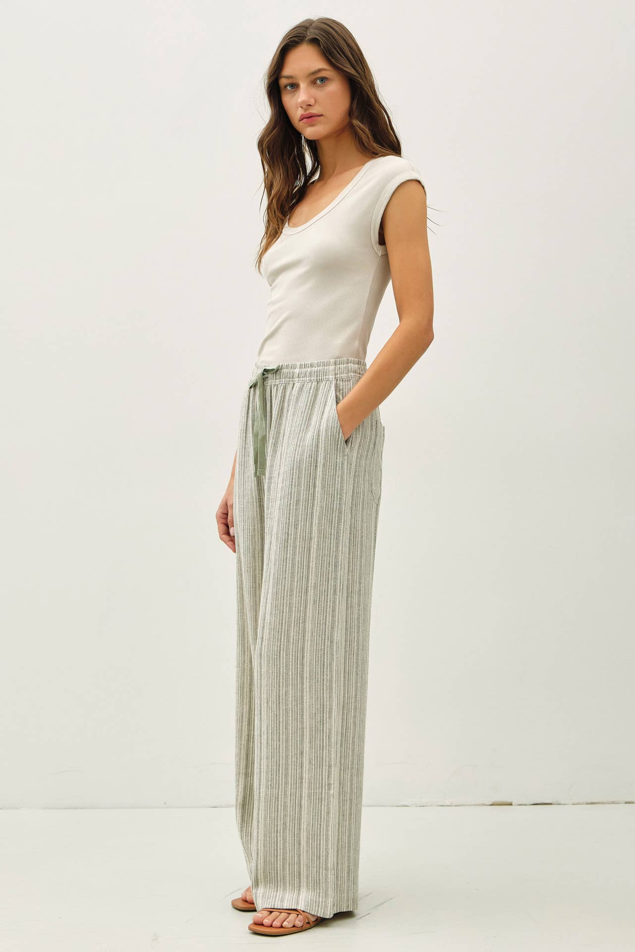 29" INSEAM STRIPED LINEN WIDE LEG PANTS - Whimsical Details - ["flouncy pants","green pants","linen pants","pants","stripe","striped","stripes","sweat pants"]
