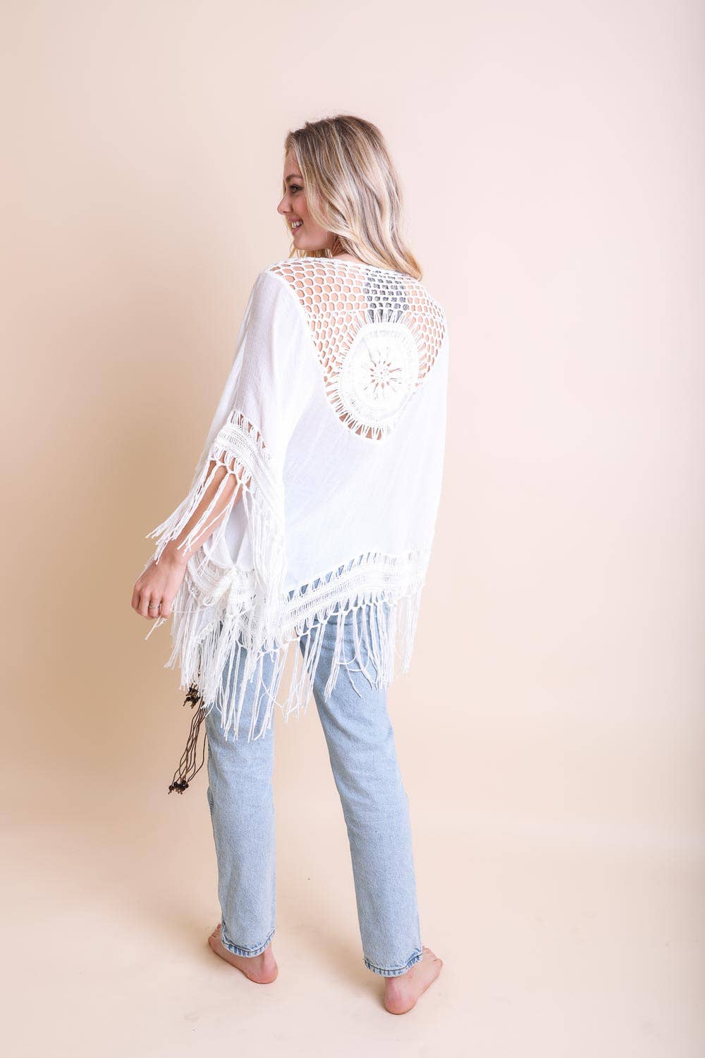 Festival-Ready Crochet Back Tasseled Kimono Jacket - Whimsical Details