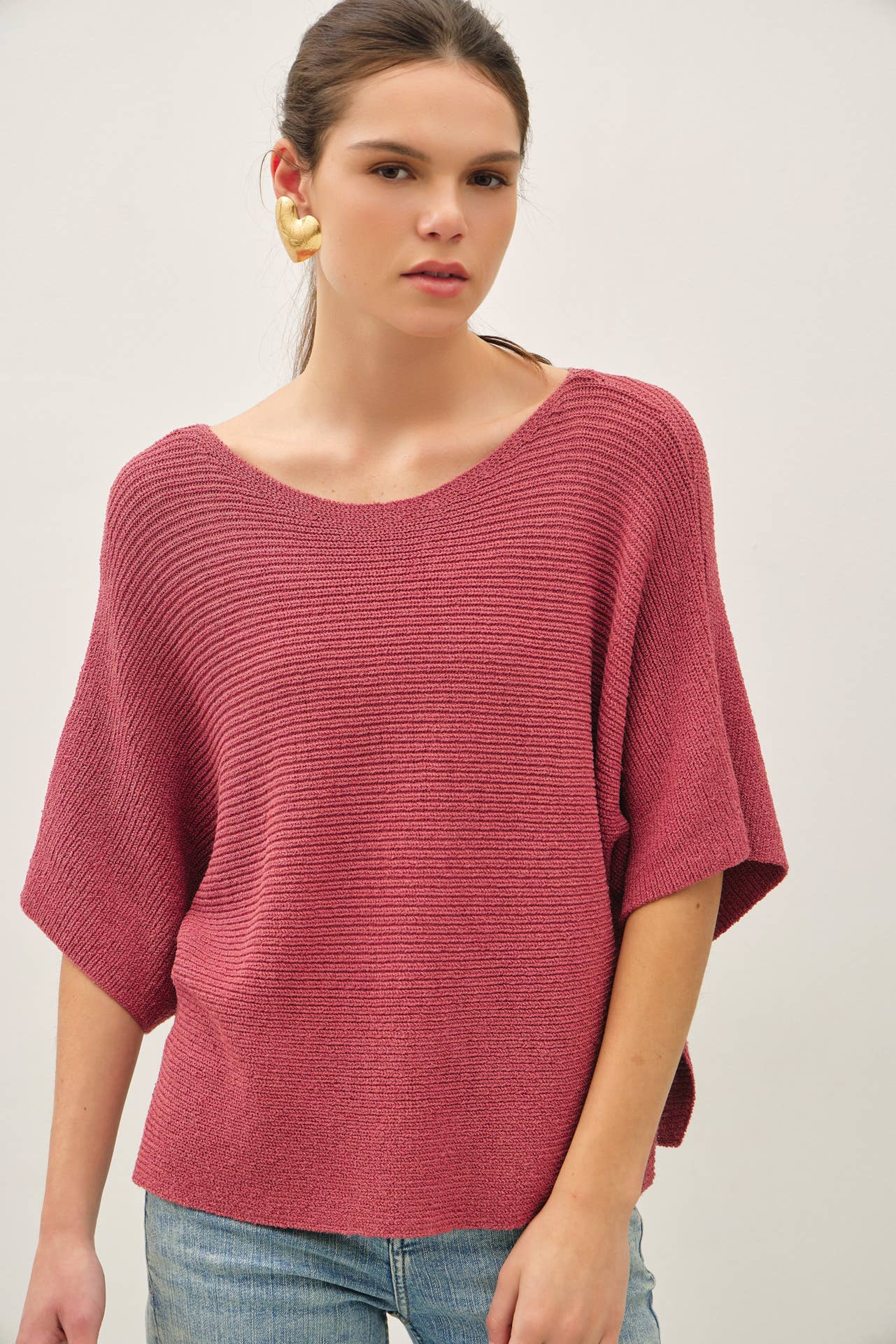 HORIZONTAL RIBBED DOLMAN SWEATER TOP