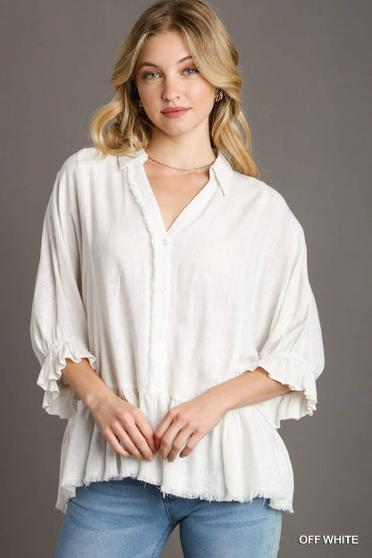 Linen Half Button Detail Top With Frayed Edge - Whimsical Details - transition