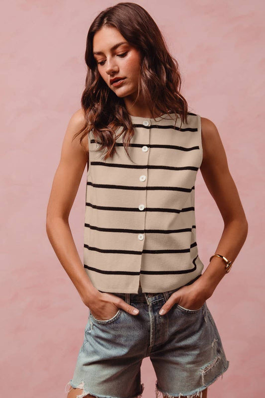Button Front Stripe Fine Sweater Sleeveless Top